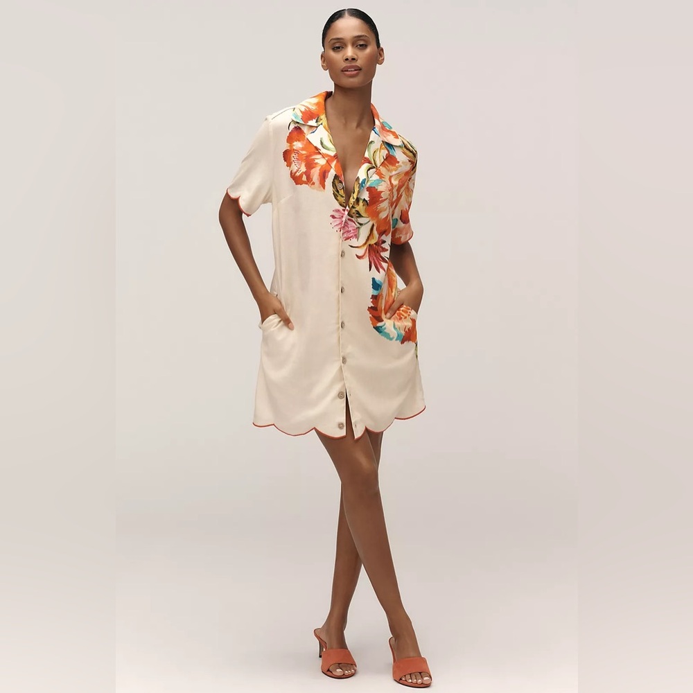 FARM Rio Cream Mini Shirt Dress with Orange & Teal Floral